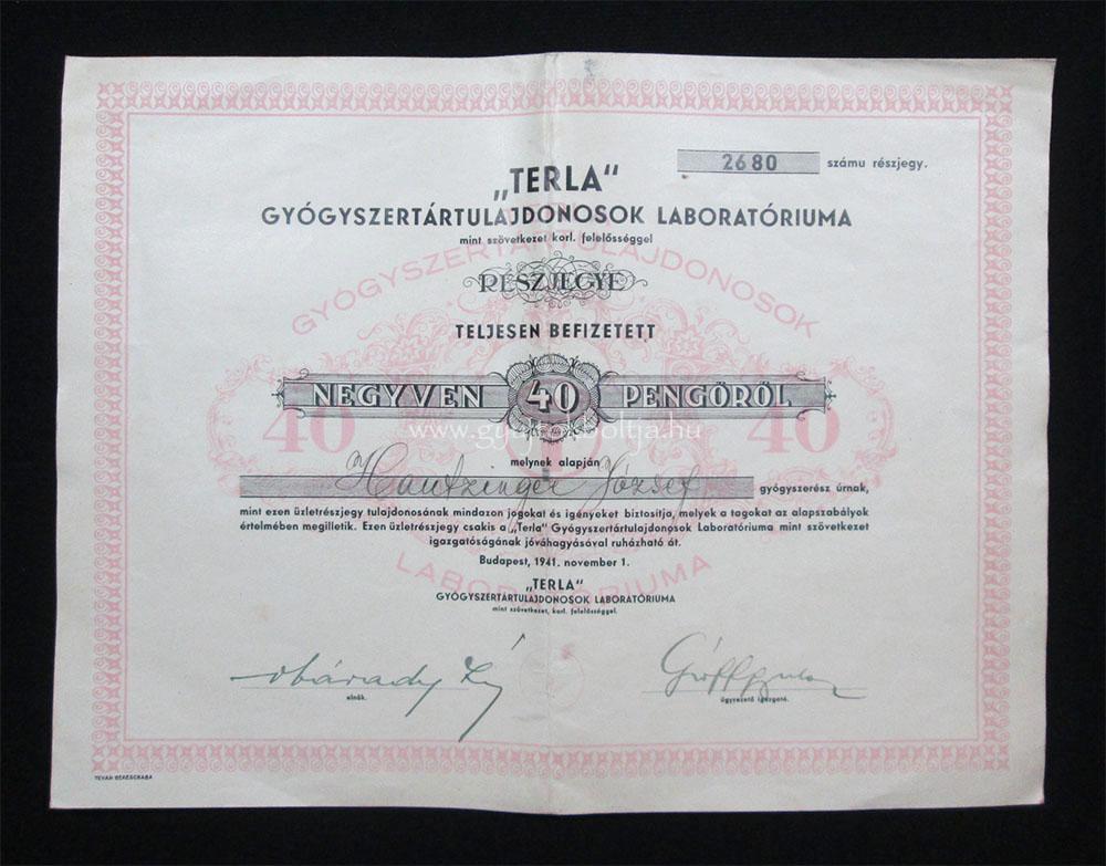 Terla Gyógyszertártulajdonos Laboratórium részjegy 40 pengő 1941